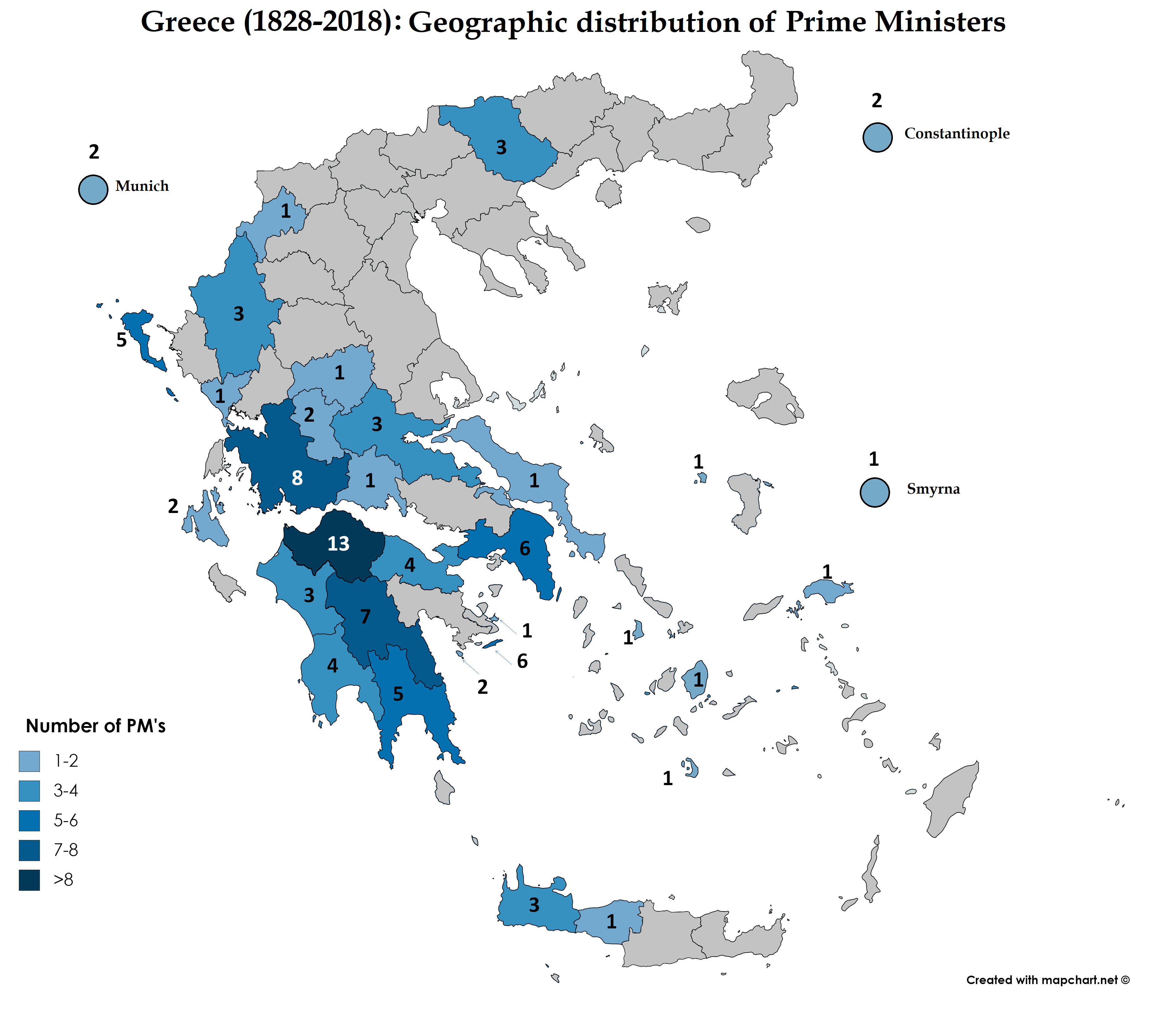 Prime Ministers of Greece geographic distribution