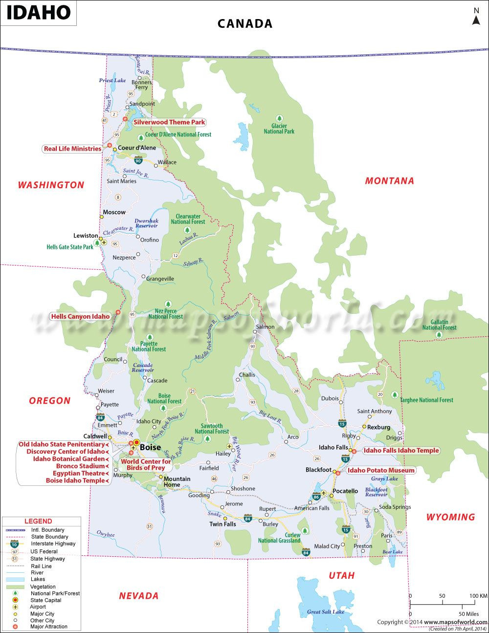 Idaho map showing the major travel attractions including cities