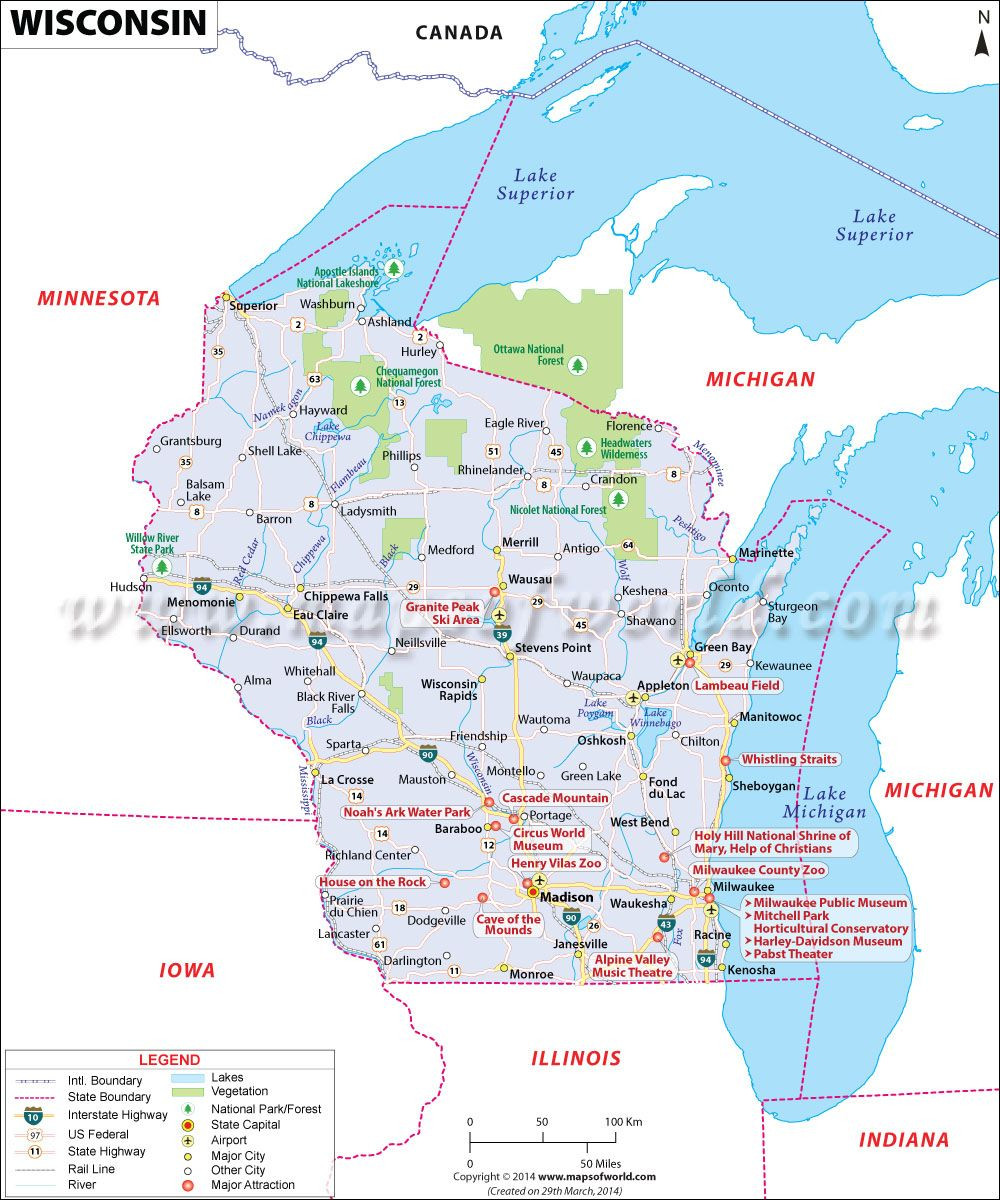Wisconsin Map WI covers an area of 65 556 sq miles and it is 23rd
