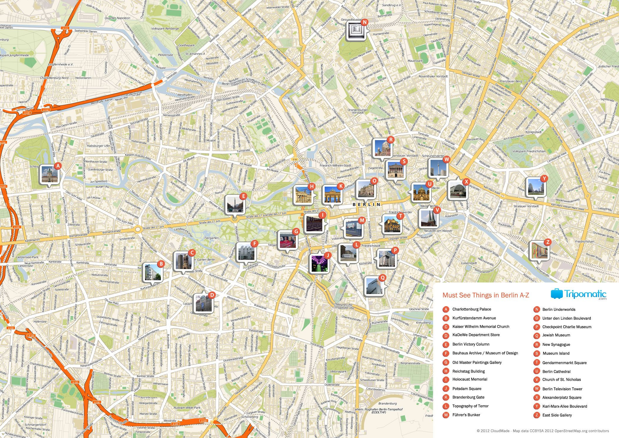 Map of Berlin tourist sights and attractions from Tripomatic