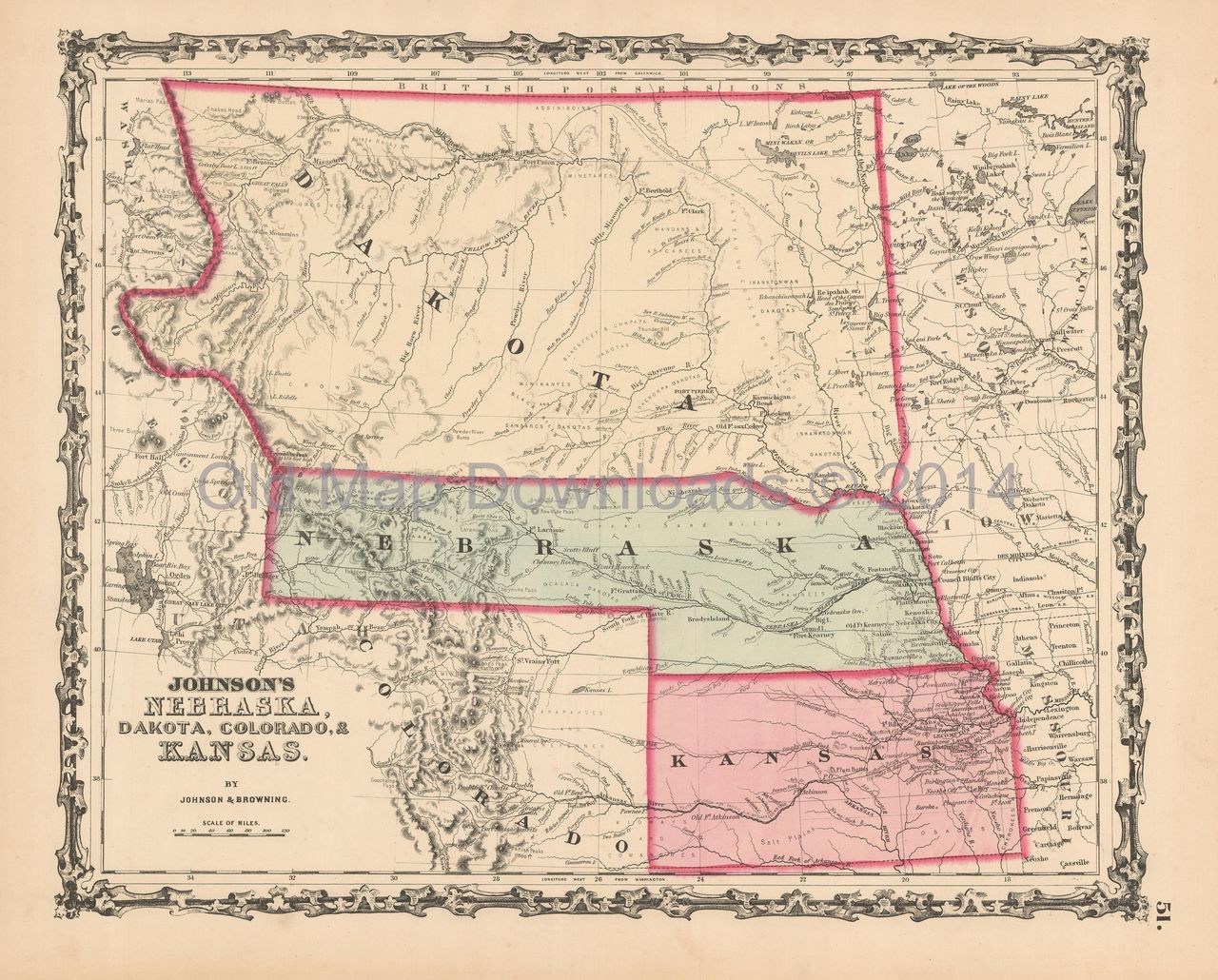 Colorado Kansas Old Map Johnson 1861 Digital Image Scan Download