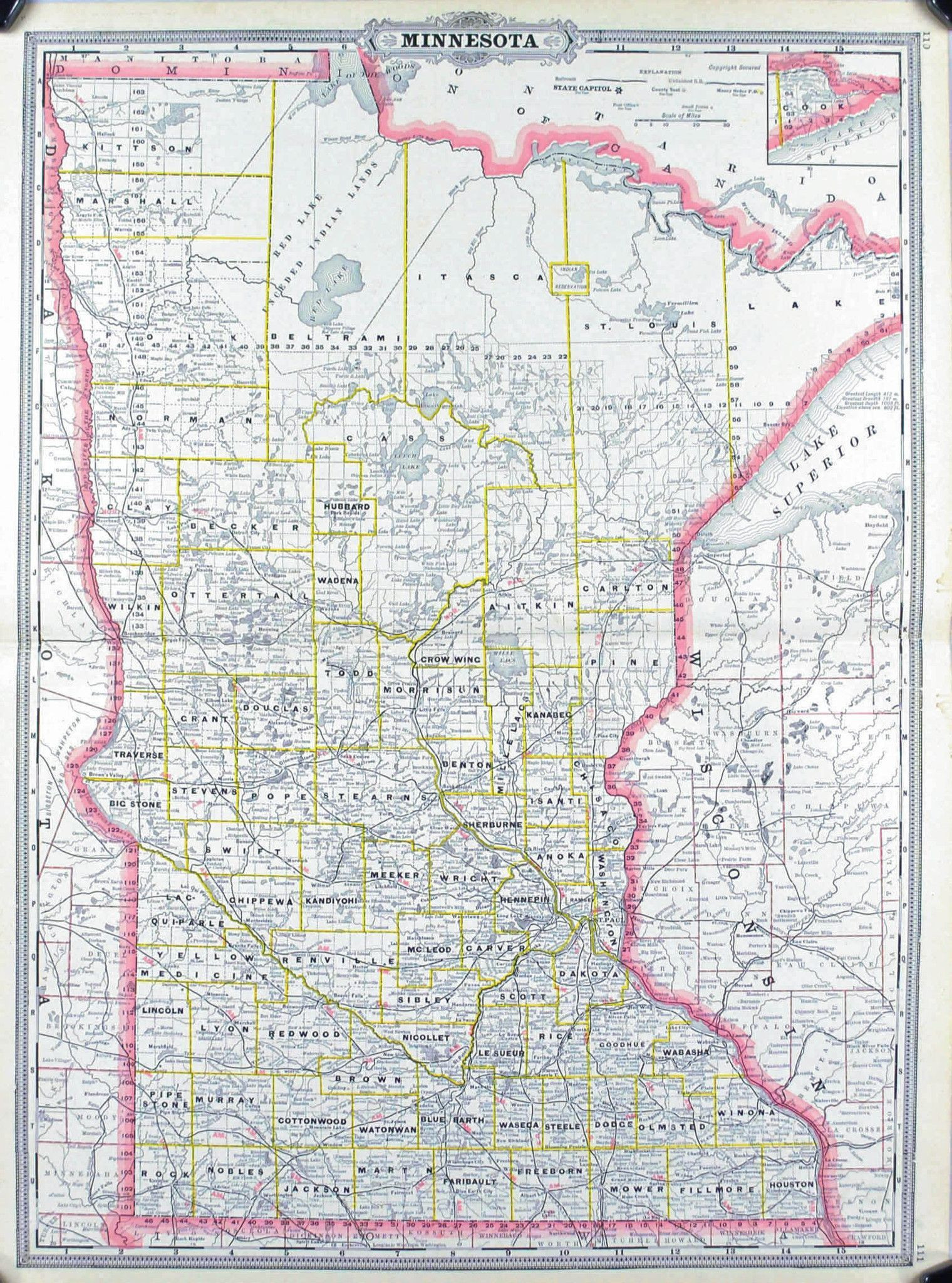 Minnesota Railroad and County Antique Map 1887