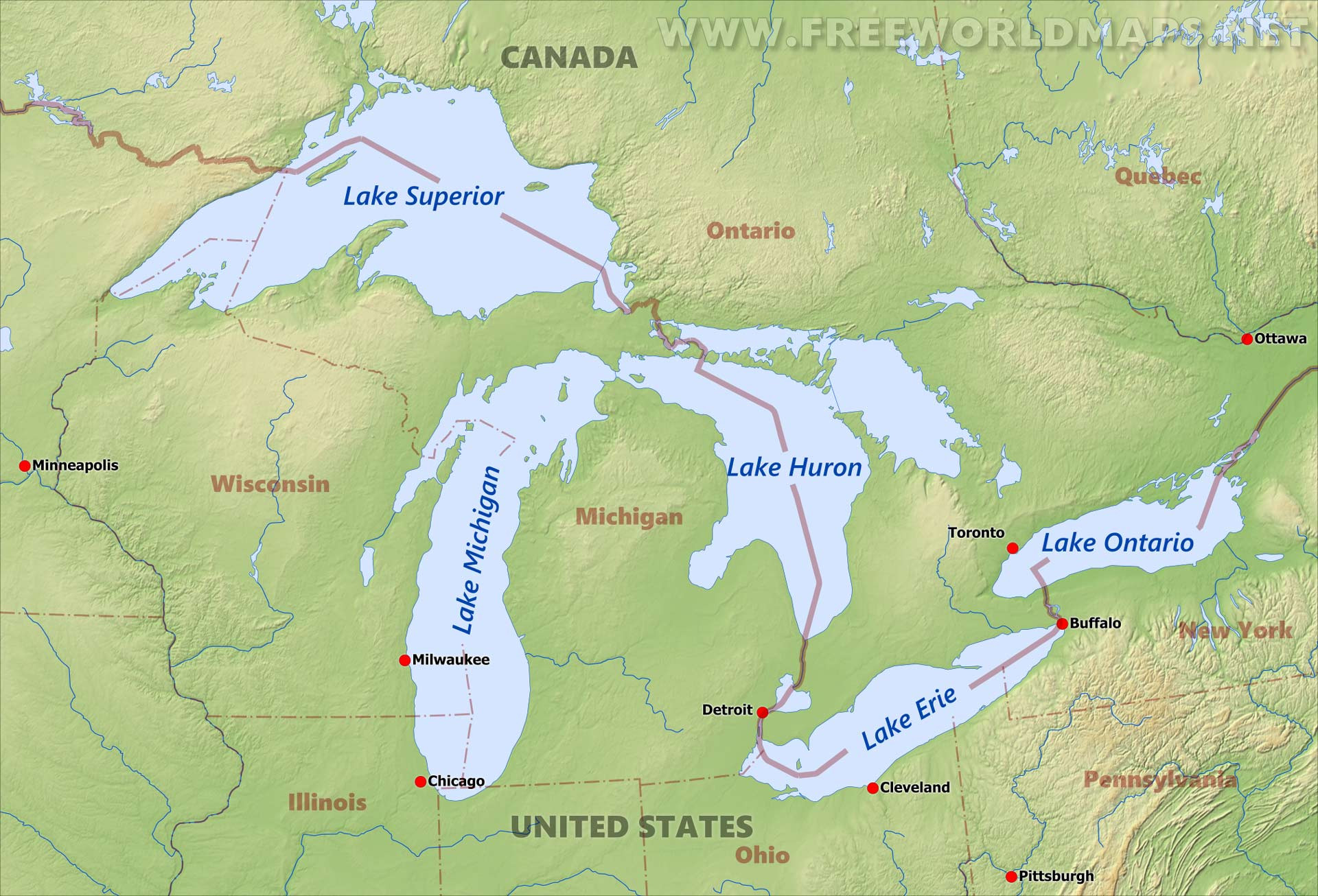 Map of great lakes and travel information