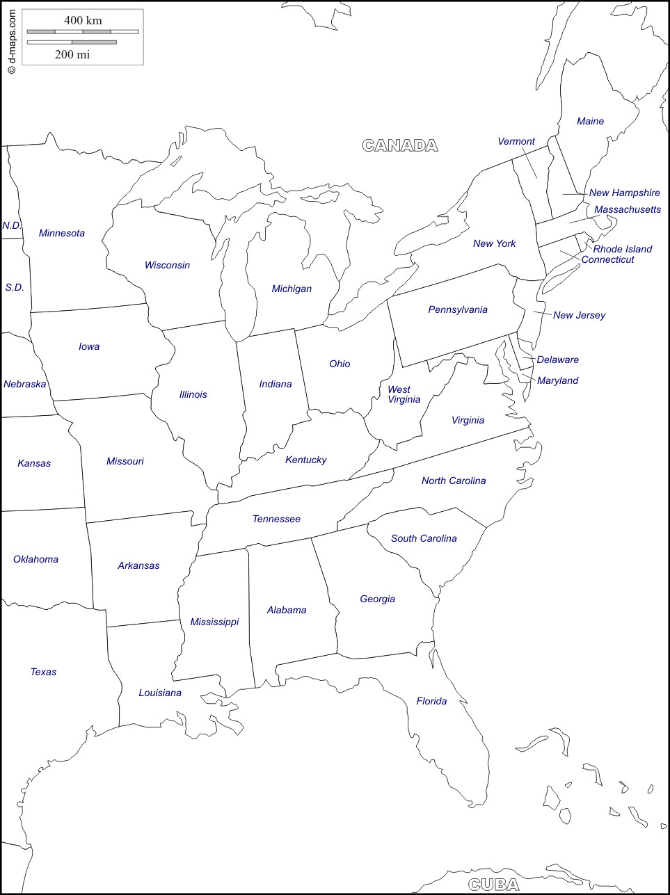 East coast of the United States free map free blank map free