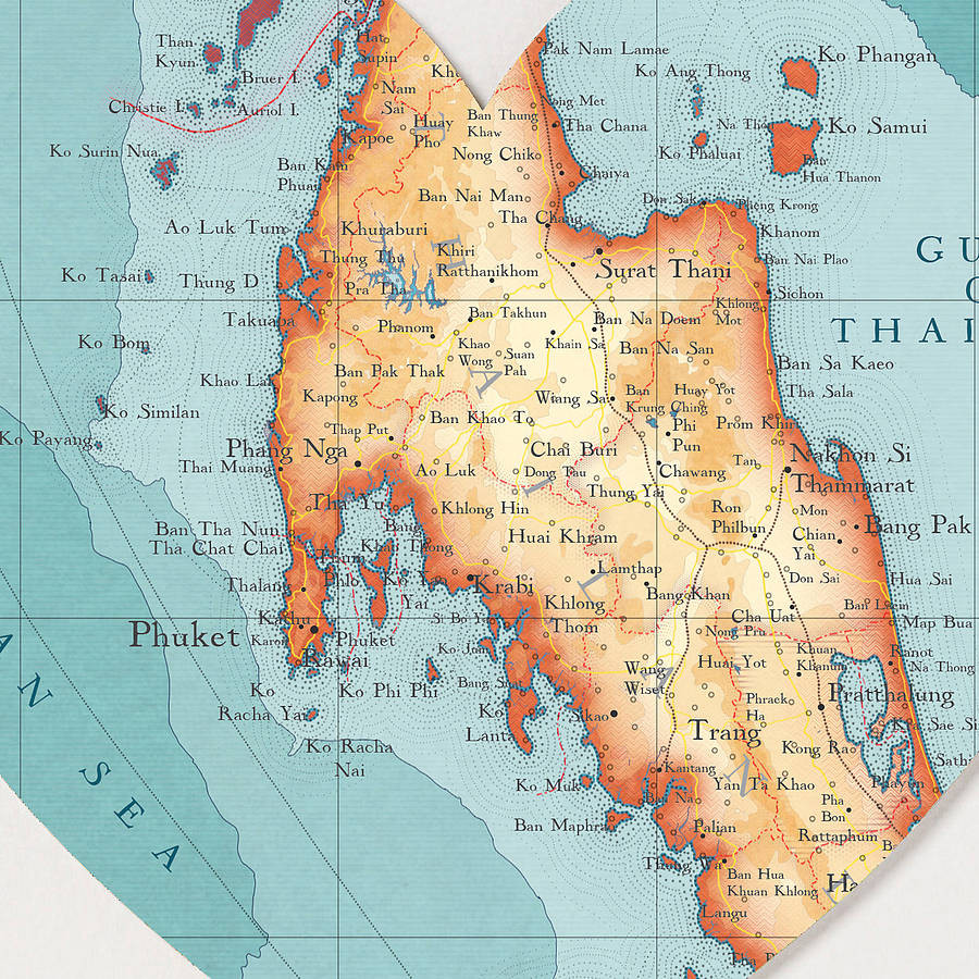 phuket and southern thailand map heart print by us off the peg