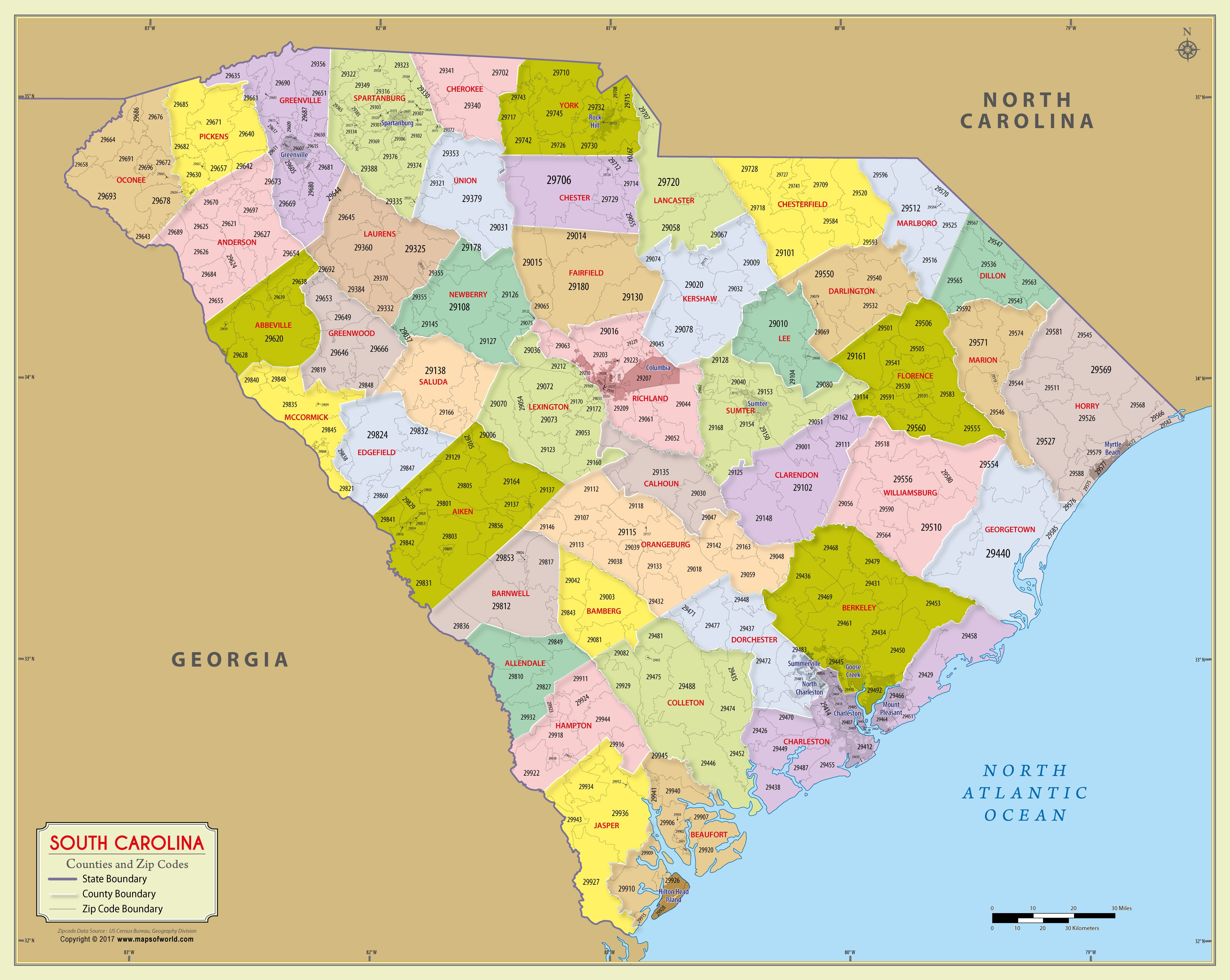 South Carolina Zip Code Map With Counties 48″ W x 38″ H