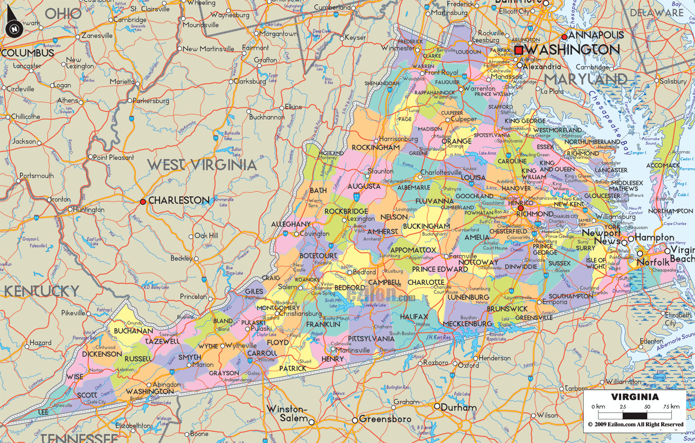 Printable Map Virginia New Map Of State Of Virginia With Outline Of The State Cities Towns
