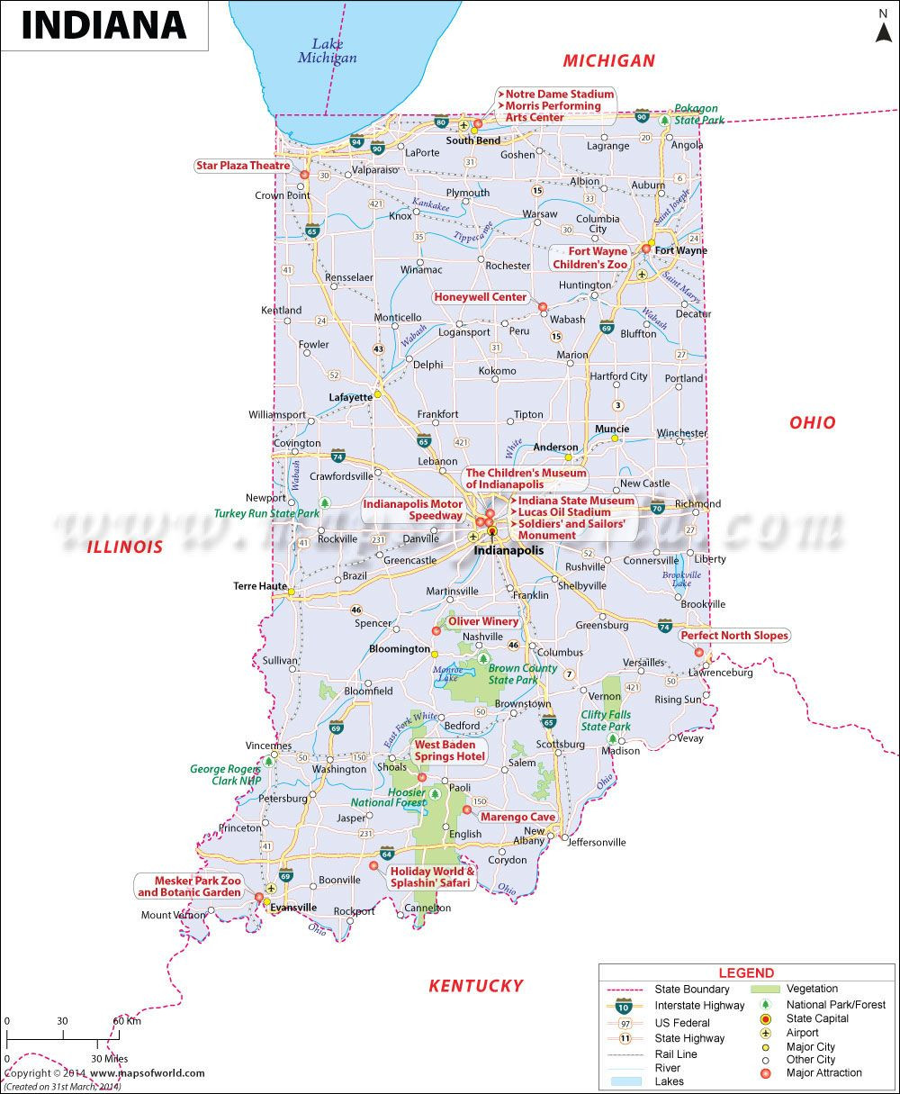 Indiana map showing the major travel attractions including cities