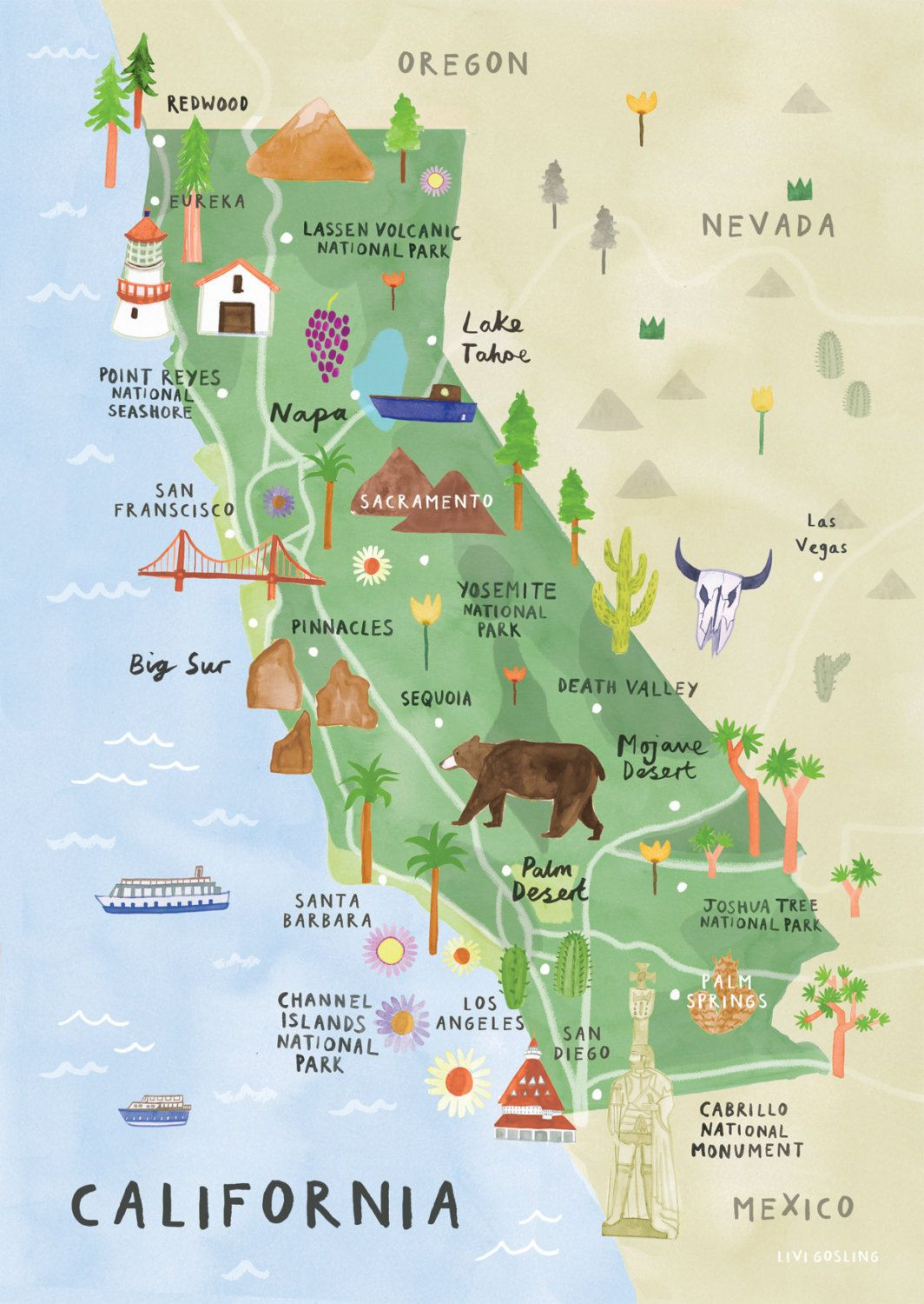 Wet N Wild Printable Map Awesome California Illustrated Map California Print California Map