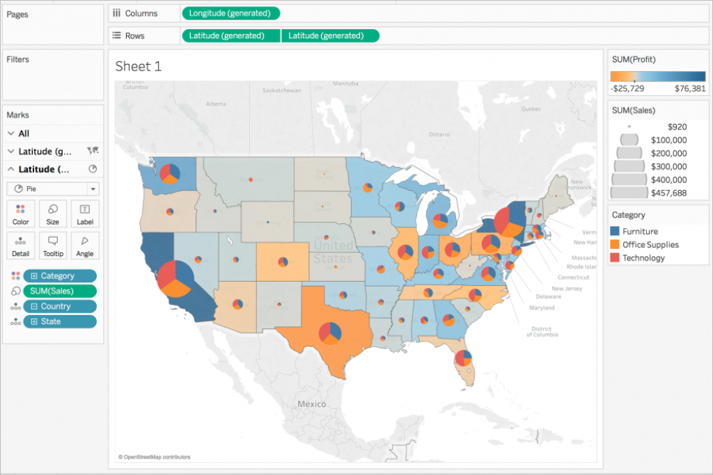 Create Filled Maps With Pie Charts In Tableau in Tableau Heat Map By State