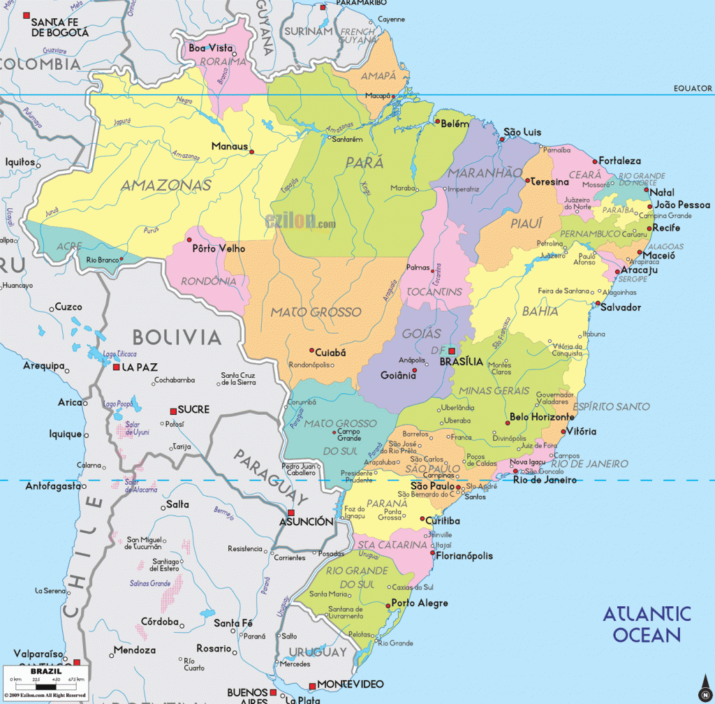 Detailed Political Map Of Brazil - Ezilon Maps regarding Map Of Brazil States And Cities