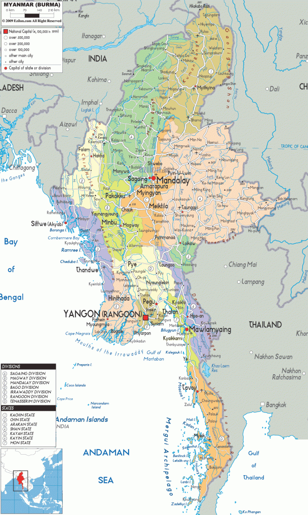 Detailed Political Map Of Myanmar - Ezilon Maps in Map Of Myanmar States And Regions