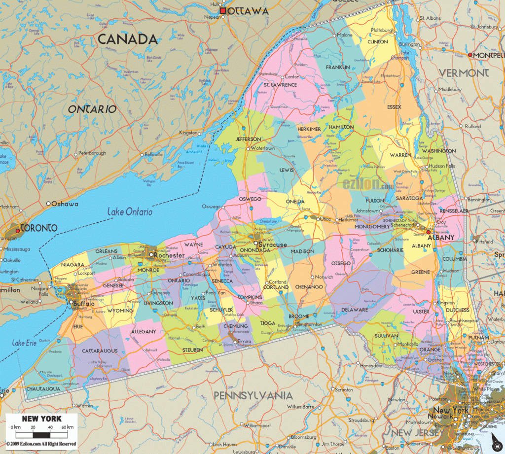 Detailed Political Map Of New York State - Ezilon Maps inside New York State Map With Cities And Towns