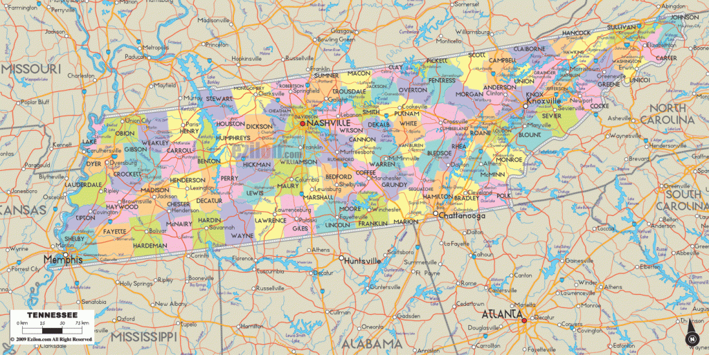 Detailed Political Map Of Tennessee - Ezilon Maps throughout Tennessee Alabama State Line Map