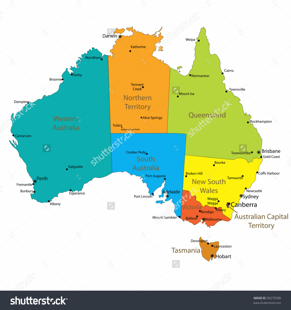 Map Of Australia Showing Eight States And Major Cities Isolated regarding Map Of Australia With States And Major Cities