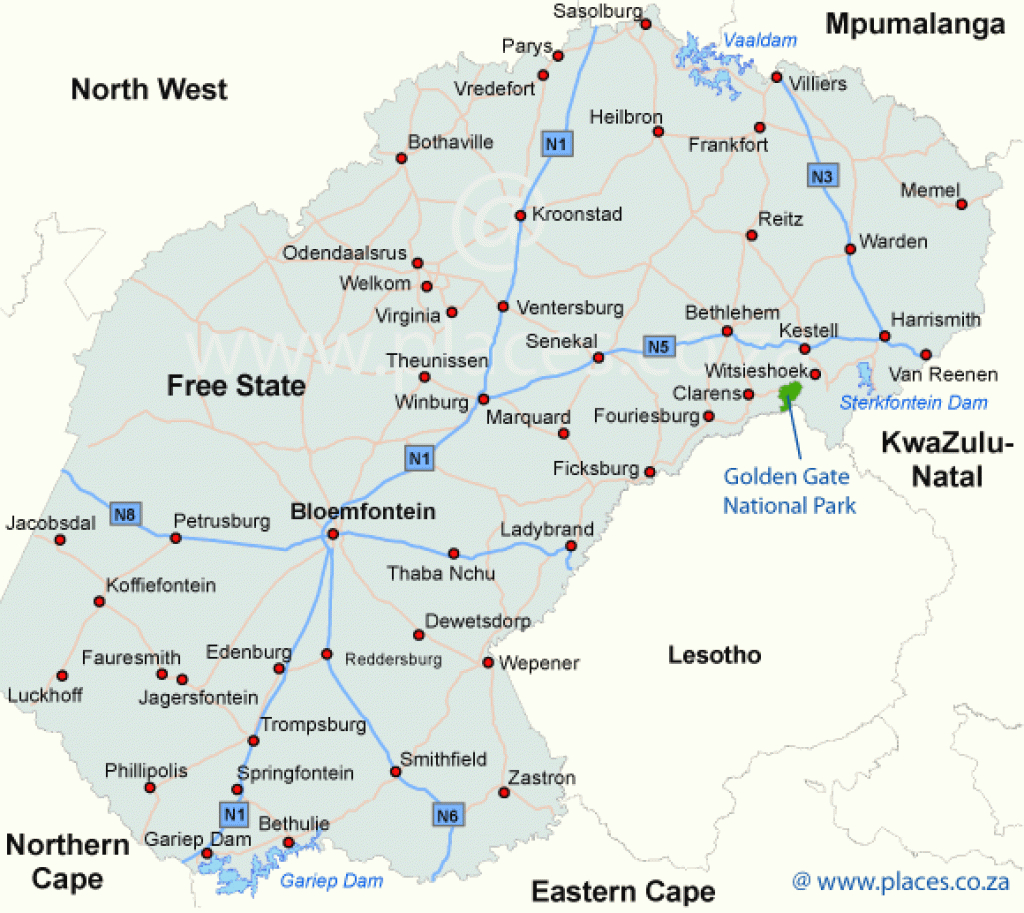 Map Of The Free State throughout Free State Map