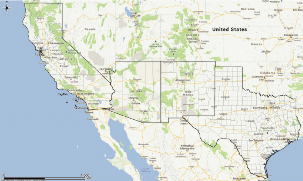 Map Of The South-West Usa Showing The States Of Arizona, California in Map Of Texas And Surrounding States
