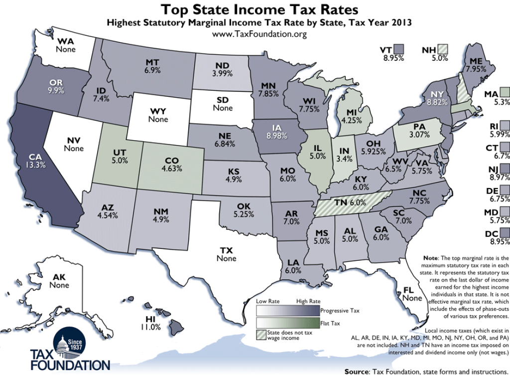 Monday Map: Top State Income Tax Rates, 2013 - Tax Foundation for States With No Income Tax Map