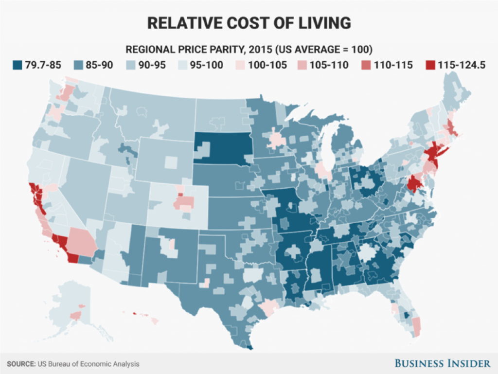 Most And Least Expensive Places In America: Regional Price Parity with regard to Cost Of Living By State Map