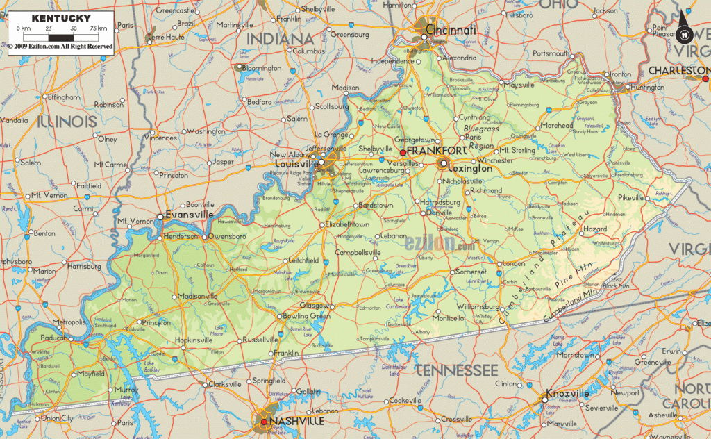 Physical Map Of Kentucky - Ezilon Maps for Map Of Kentucky And Surrounding States