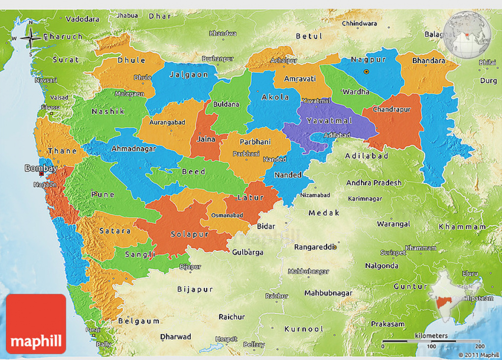 Political 3D Map Of Maharashtra, Physical Outside in Physical Map Of Maharashtra State
