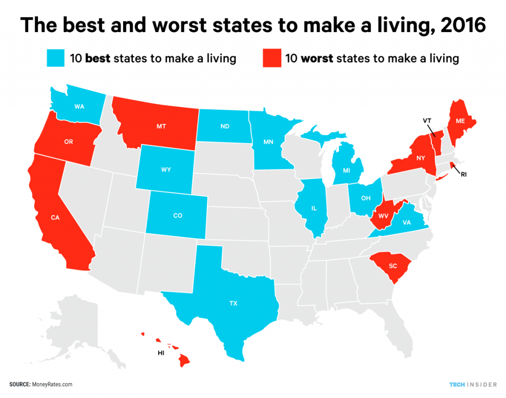 The Best And Worst States To Make A Living In 2016 - Business Insider for Cost Of Living By State Map