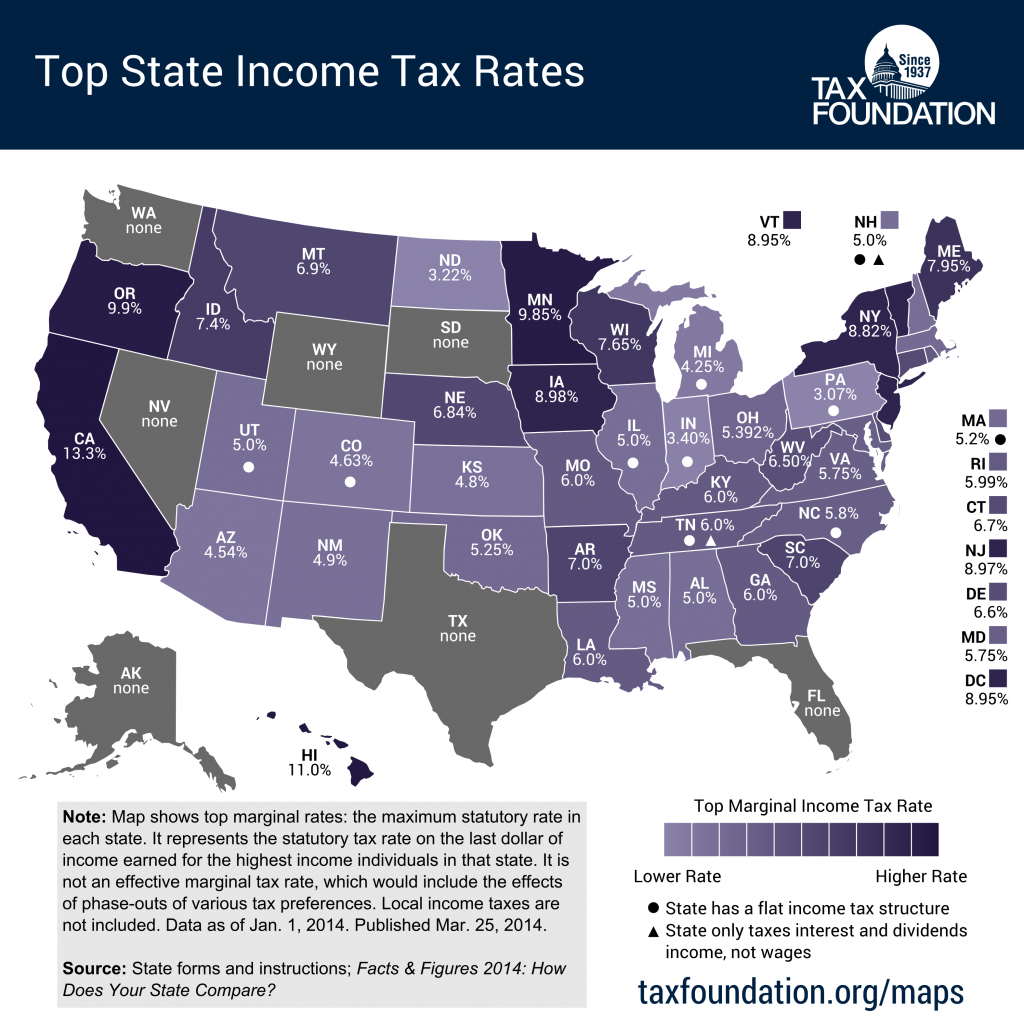 Top State Income Tax Rates In 2014 - Tax Foundation regarding States With No Income Tax Map