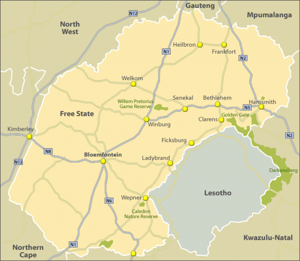Tourist Map Of Free State, South Africa for Free State Map