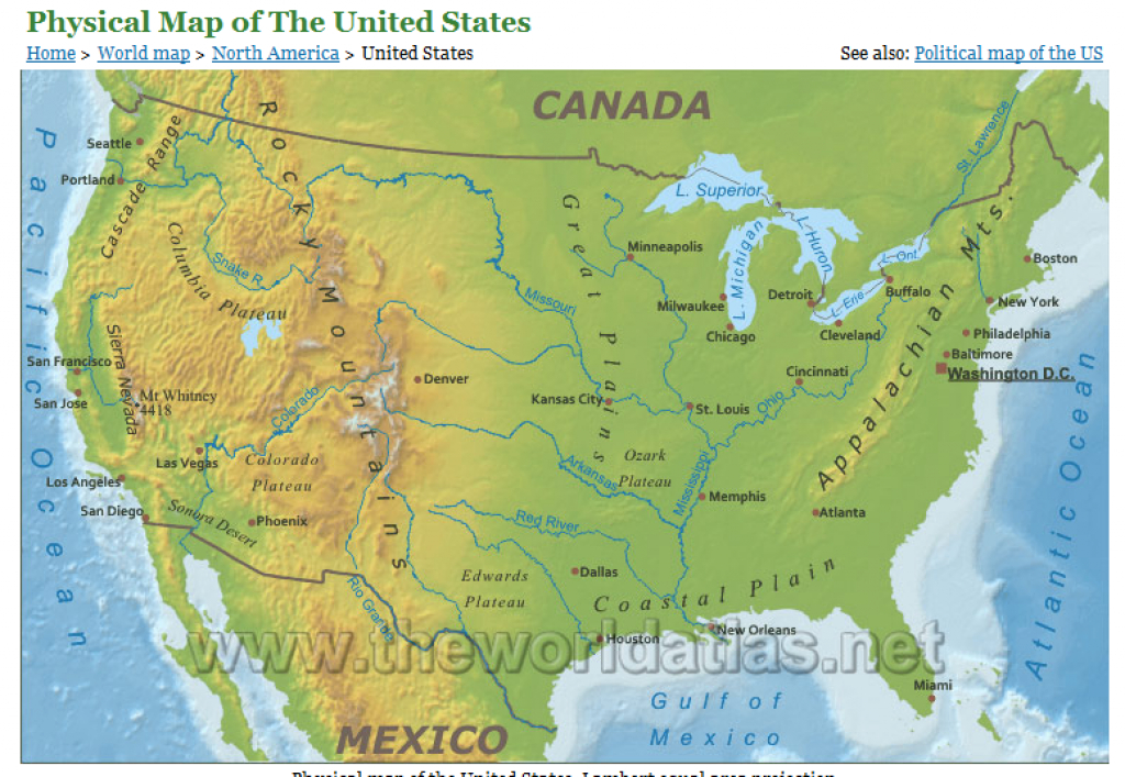 United States Map Physical Features And Travel Information for United States And Canada Physical Map