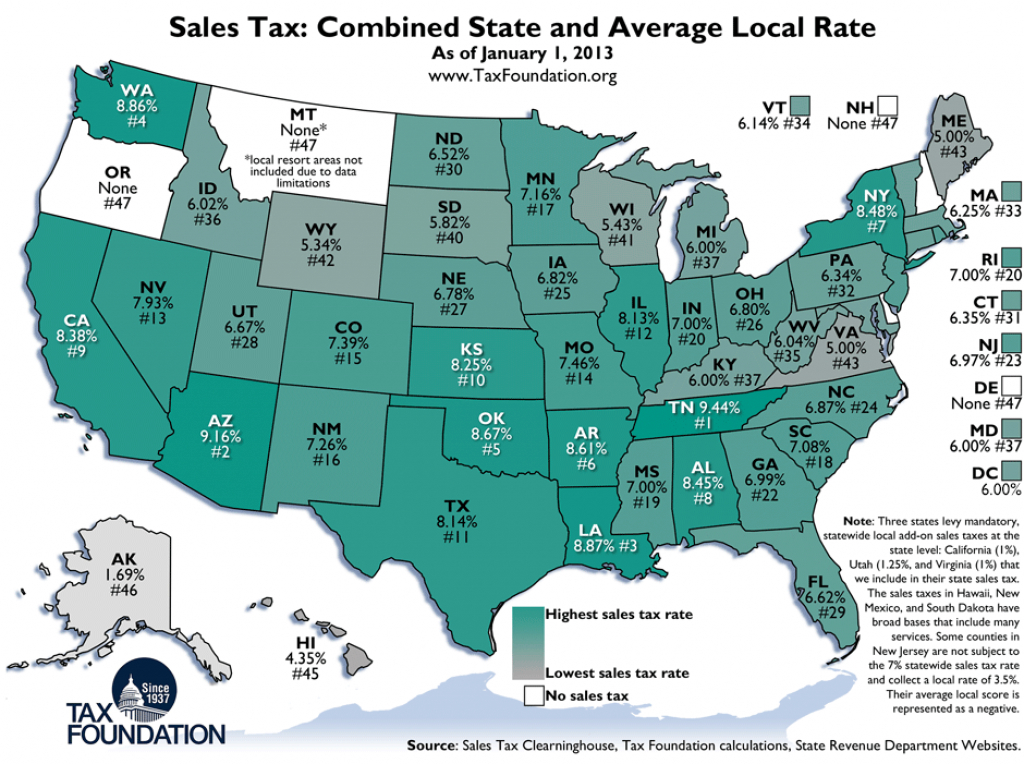 Weekly Map: State And Local Sales Tax Rates, 2013 - Tax Foundation in Sales Tax By State Map