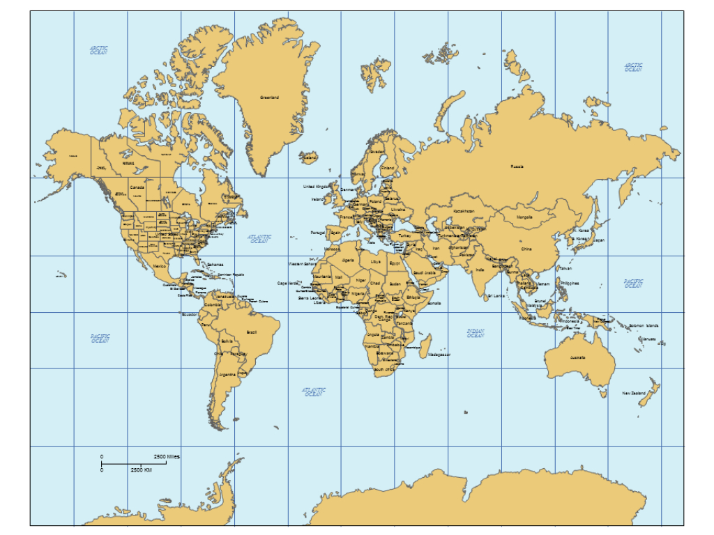 World Mercator Powerpoint Map, Europe Centered With Countries, Can regarding Map Of The World With Us States